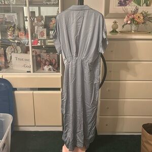 Smokey blue satin wrap dress